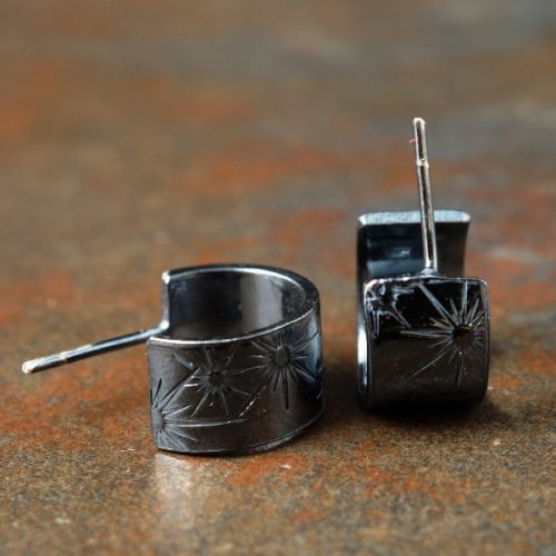 Handcrafted recycled sterling silver stamped huggies